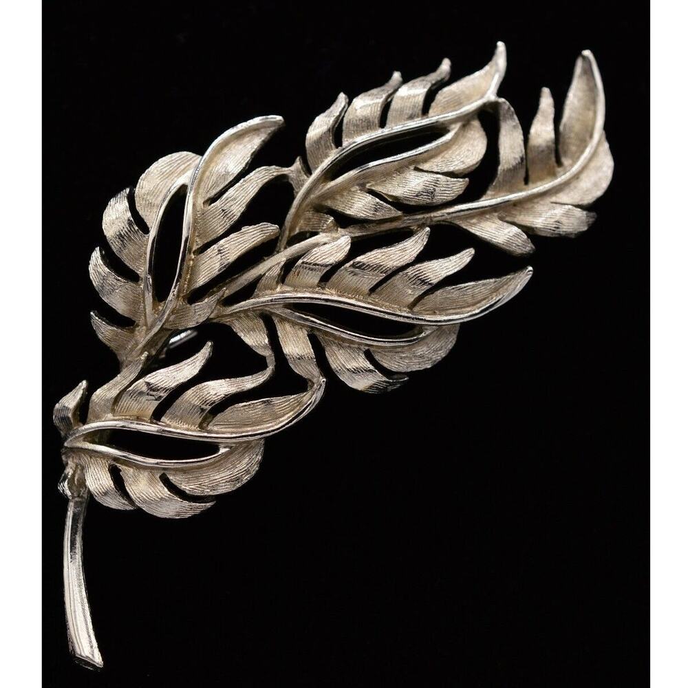 Vintage Torino Leaf Brooch Pin Textured Brushed Silver Tone Signed 1990s Bin4